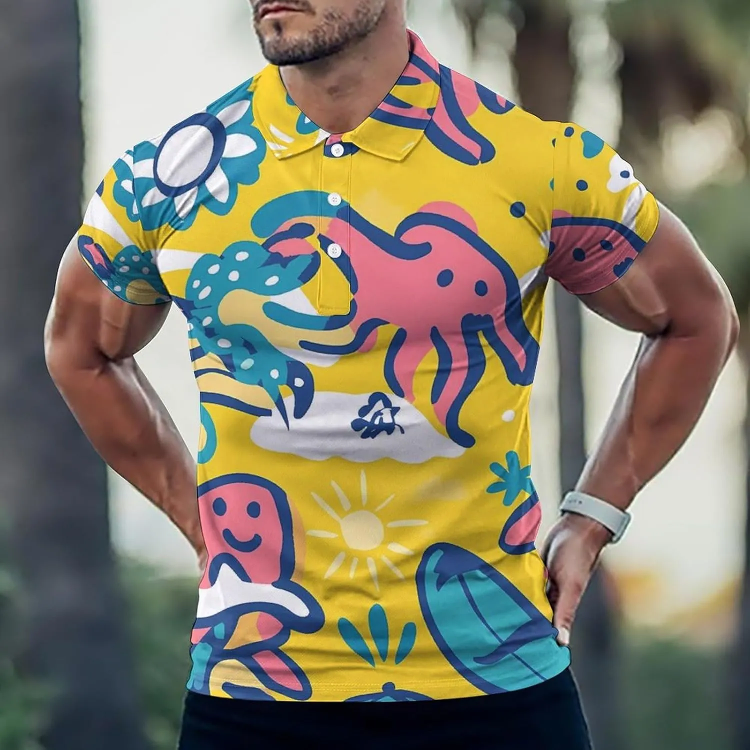 Abstract Octopus Hawaiian Surfboard Mens Polo Shirts Quick Dry Short Sleeve T-shirts Slim Tennis Collared Tees Tops
