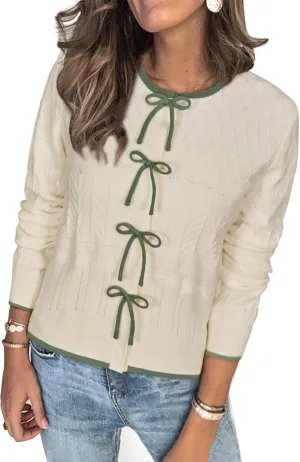 Arach&Cloz Bow Sweaters Easy Button Cardigan 2025 Spring Womens Tops Color Block Long Sleeve Casual Crew Neck Shirts