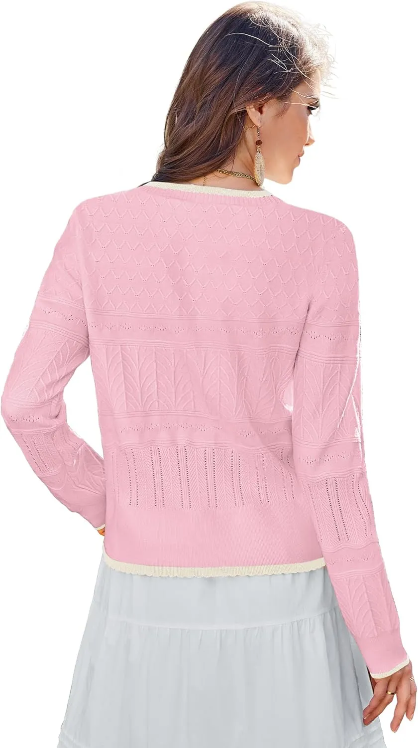 Arach&Cloz Bow Sweaters Easy Button Cardigan 2025 Spring Womens Tops Color Block Long Sleeve Casual Crew Neck Shirts