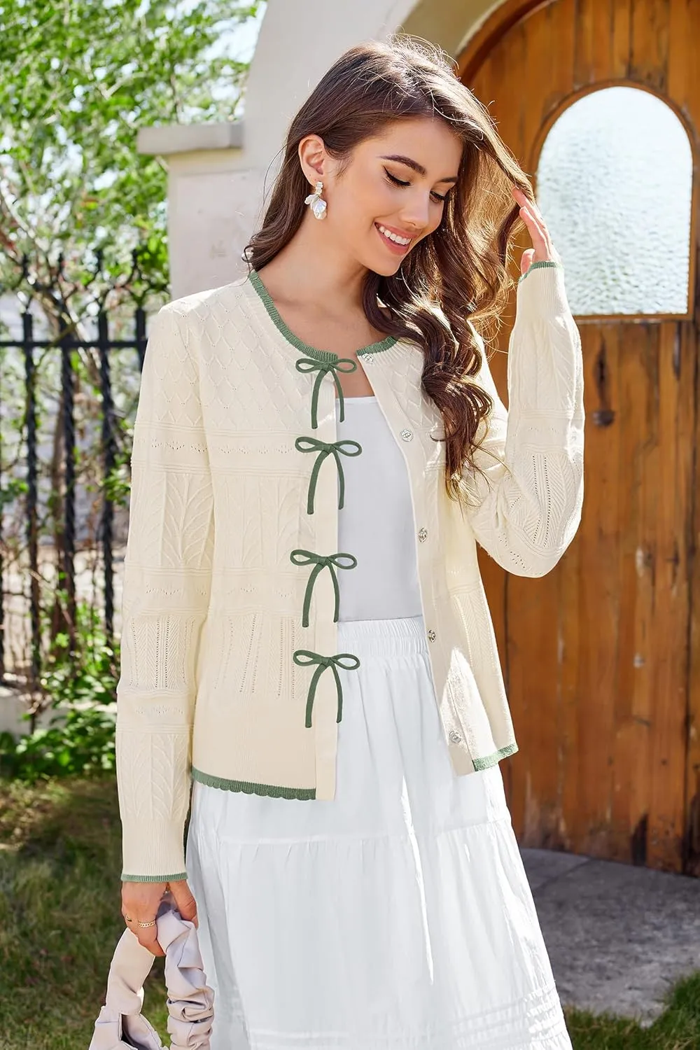 Arach&Cloz Bow Sweaters Easy Button Cardigan 2025 Spring Womens Tops Color Block Long Sleeve Casual Crew Neck Shirts