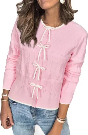 Arach&Cloz Bow Sweaters Easy Button Cardigan 2025 Spring Womens Tops Color Block Long Sleeve Casual Crew Neck Shirts