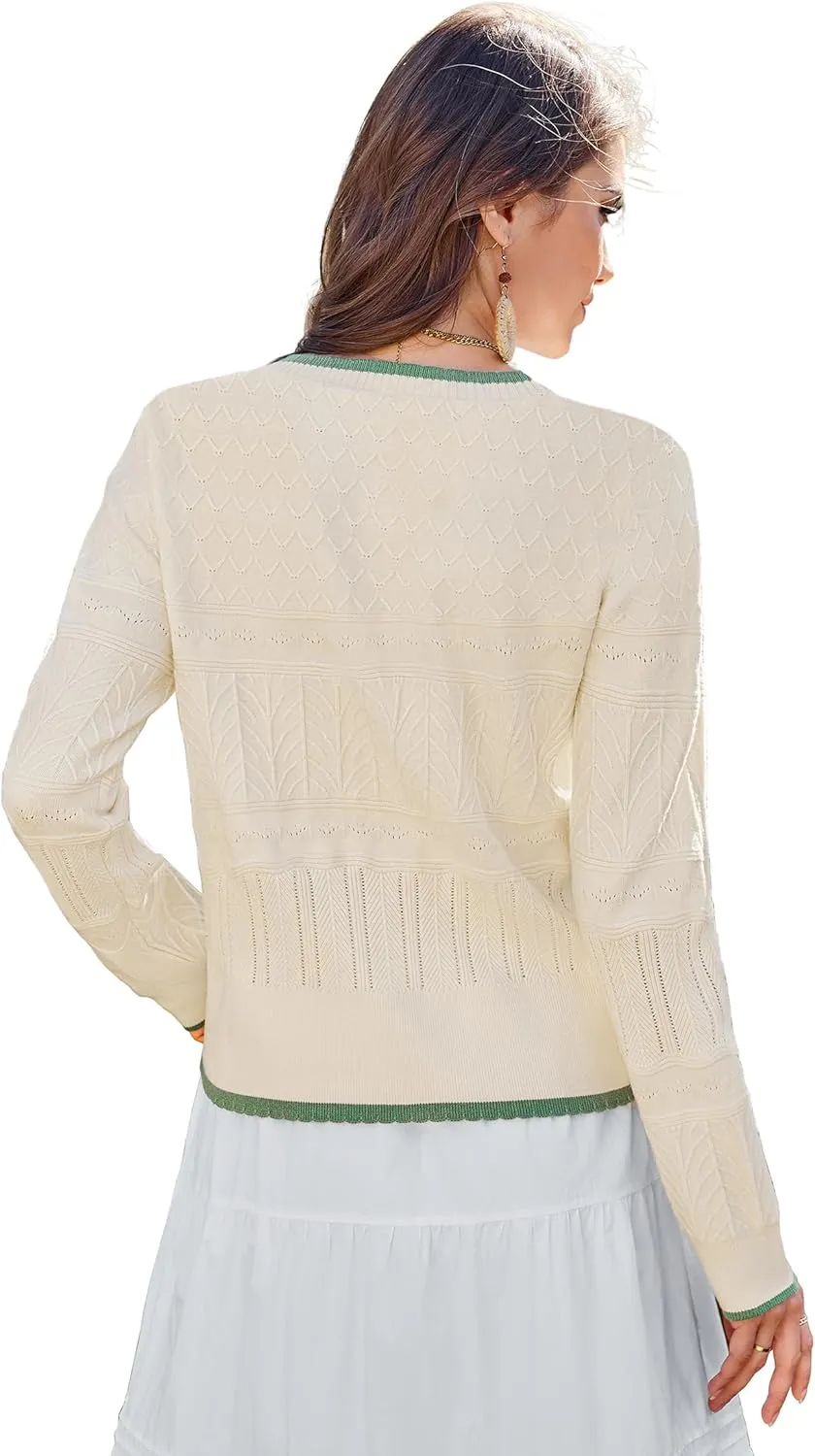 Arach&Cloz Bow Sweaters Easy Button Cardigan 2025 Spring Womens Tops Color Block Long Sleeve Casual Crew Neck Shirts