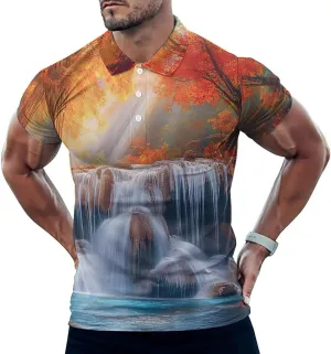 Autumn Forests Waterfall Mens Polo Shirts Quick Dry Short Sleeve T-shirts Slim Tennis Collared Tees Tops