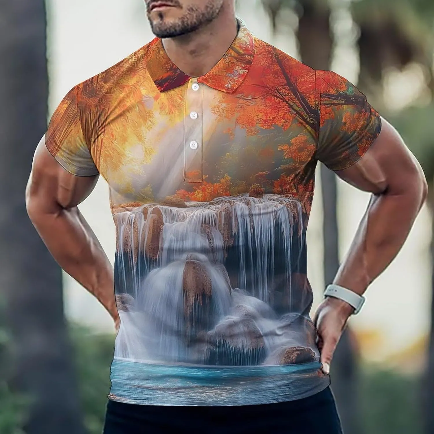 Autumn Forests Waterfall Mens Polo Shirts Quick Dry Short Sleeve T-shirts Slim Tennis Collared Tees Tops