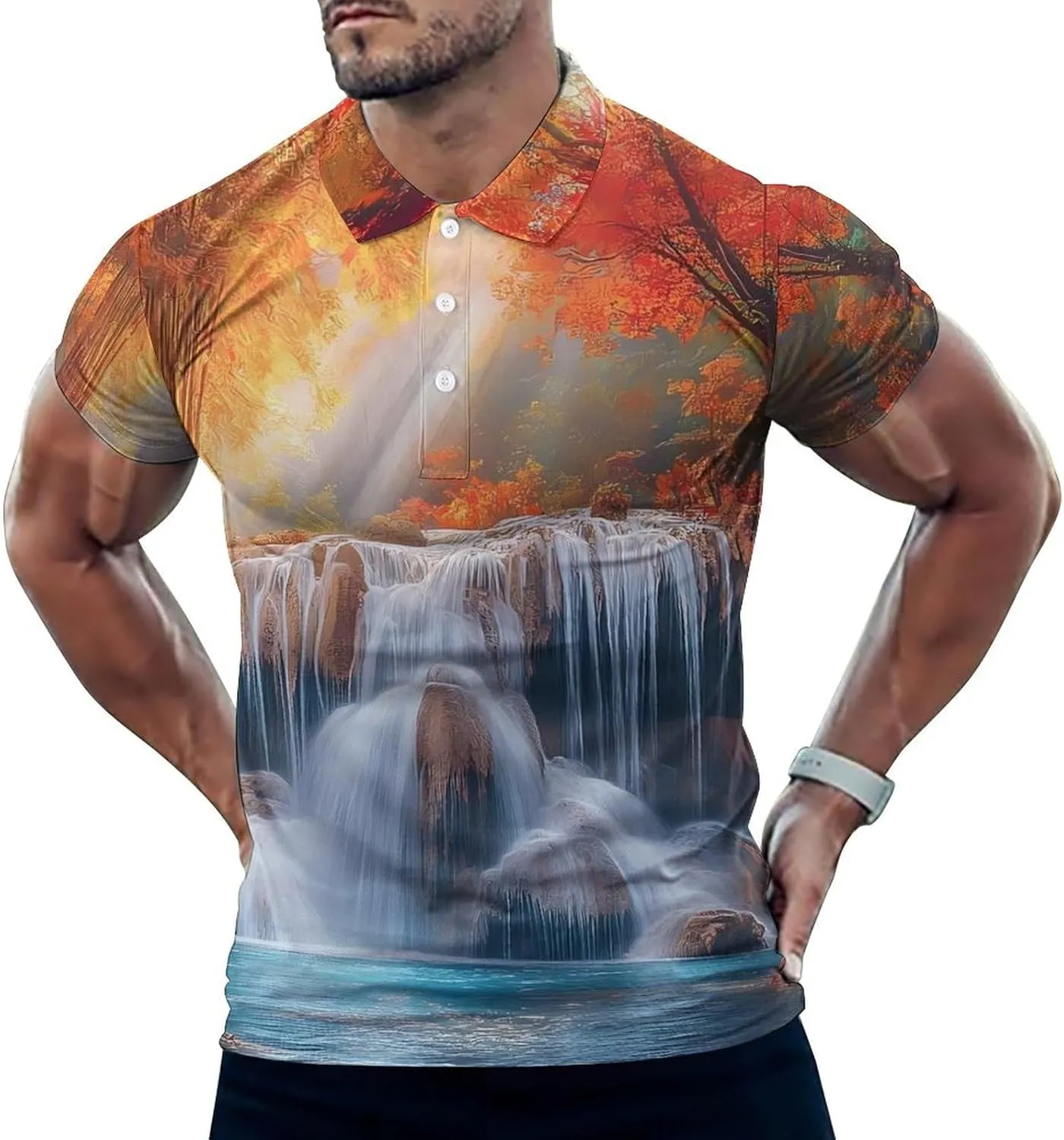 Autumn Forests Waterfall Mens Polo Shirts Quick Dry Short Sleeve T-shirts Slim Tennis Collared Tees Tops