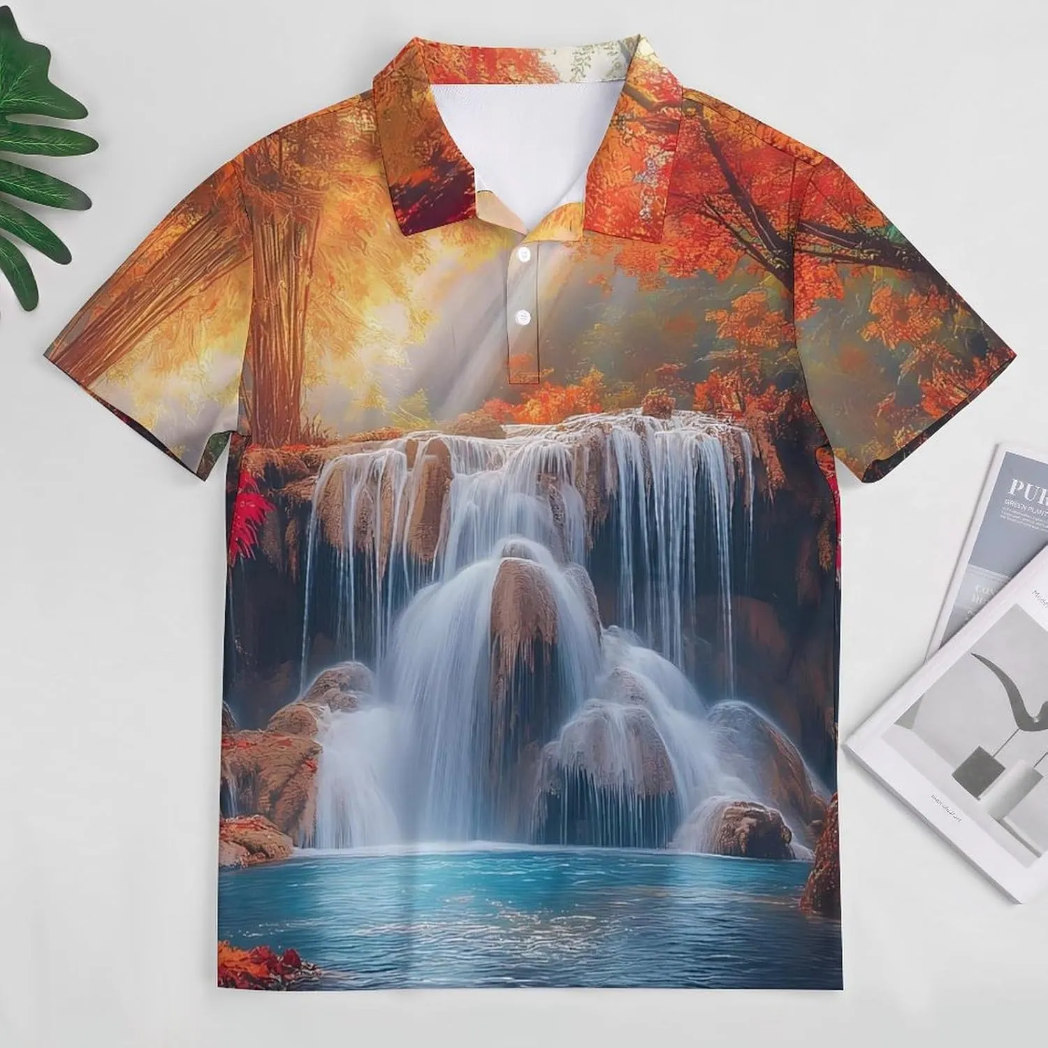 Autumn Forests Waterfall Mens Polo Shirts Quick Dry Short Sleeve T-shirts Slim Tennis Collared Tees Tops