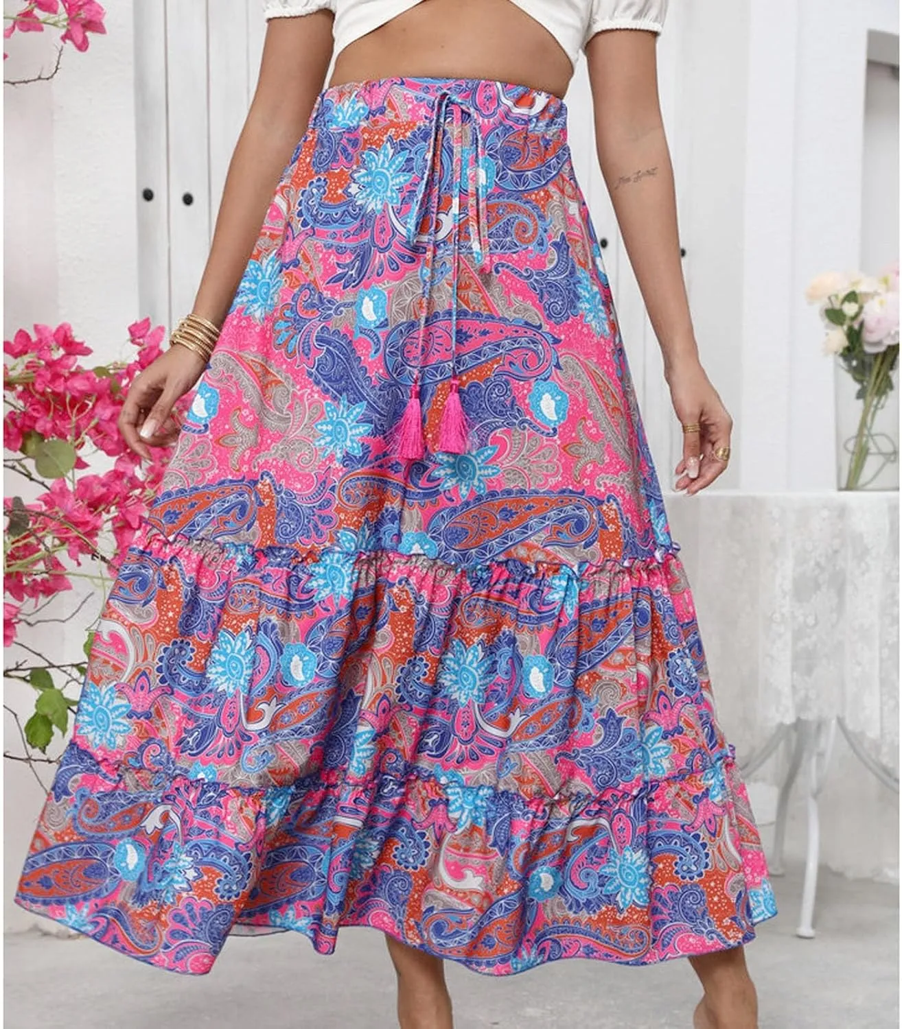 Beach Vacation Clothes for Women Summer Loose Casual Trendy Vintage Floral Printed Elastic Waist Boho Skirts, S-XL