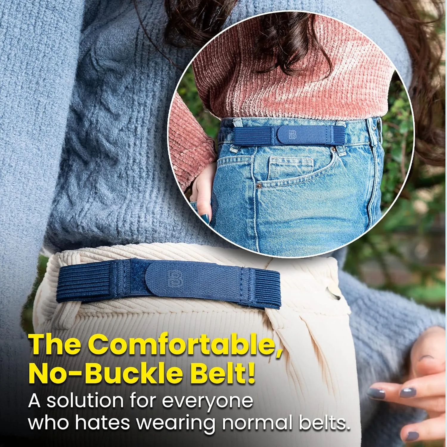 BeltBro For Women No Buckle Elastic Belt  Fits 1 Inch Belt Loops, Easy To Use