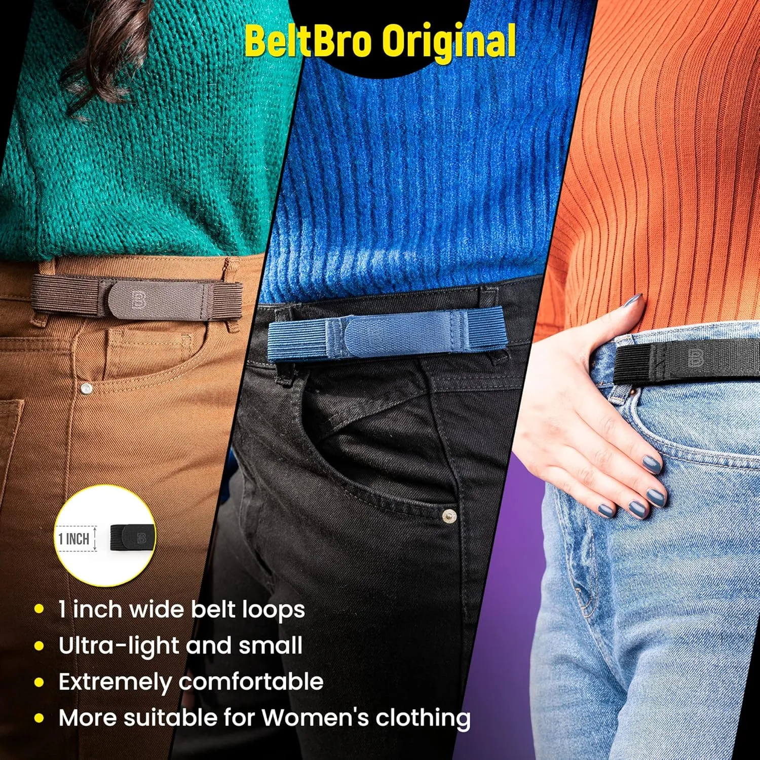 BeltBro For Women No Buckle Elastic Belt  Fits 1 Inch Belt Loops, Easy To Use