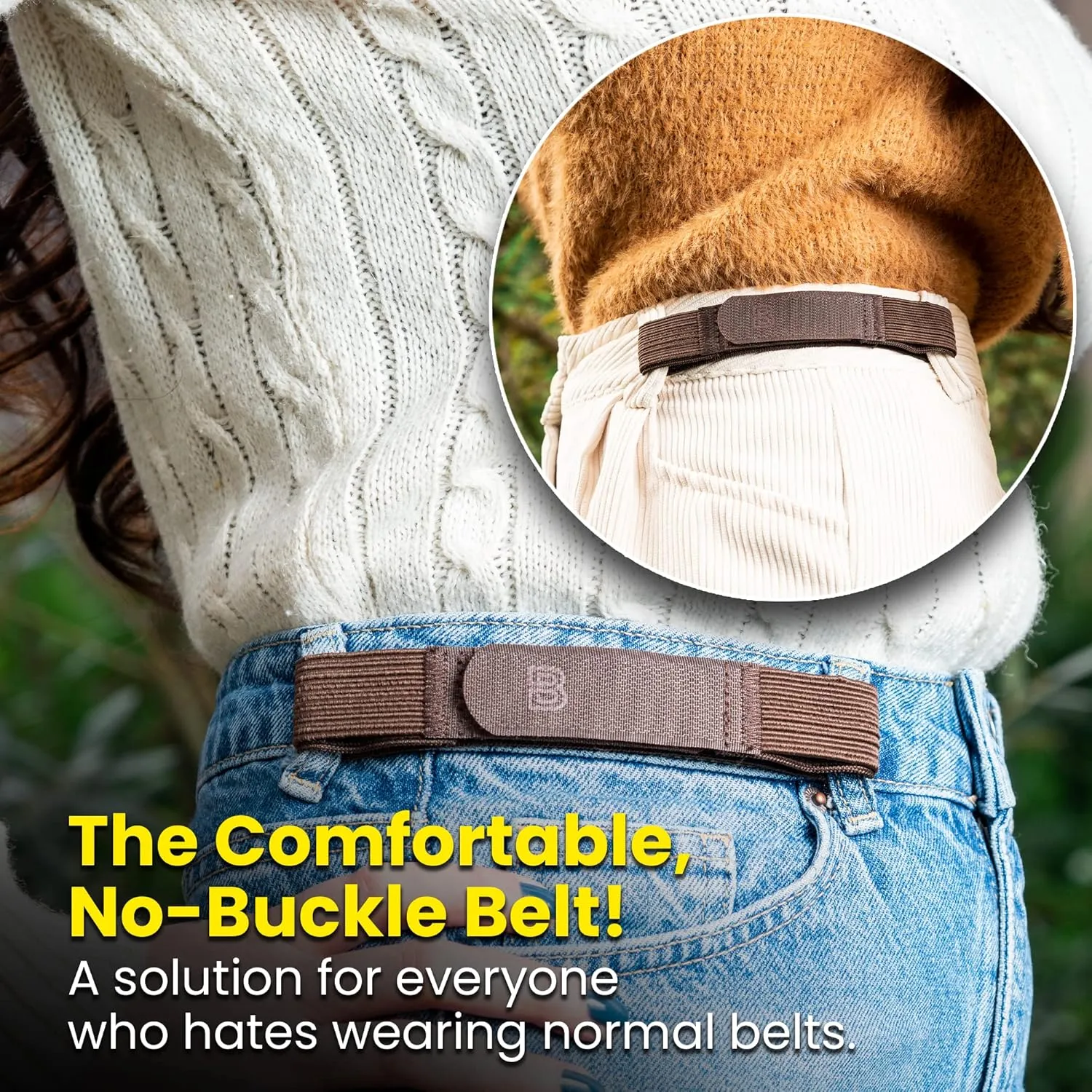BeltBro For Women No Buckle Elastic Belt  Fits 1 Inch Belt Loops, Easy To Use