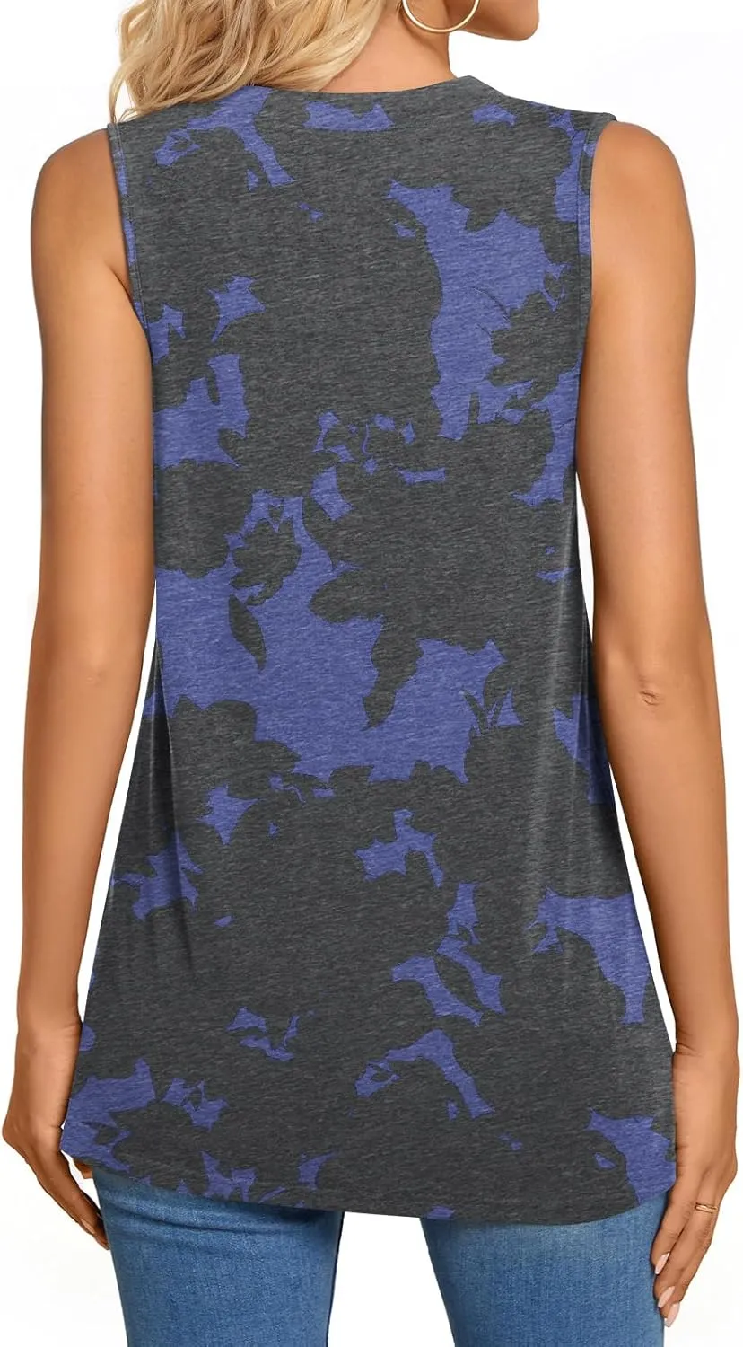 BISHUIGE Womens Henley Tunic Tops Button Up T-Shirts Sleeveless V-Neck Casual Blouses