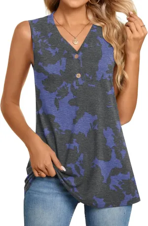 BISHUIGE Womens Henley Tunic Tops Button Up T-Shirts Sleeveless V-Neck Casual Blouses