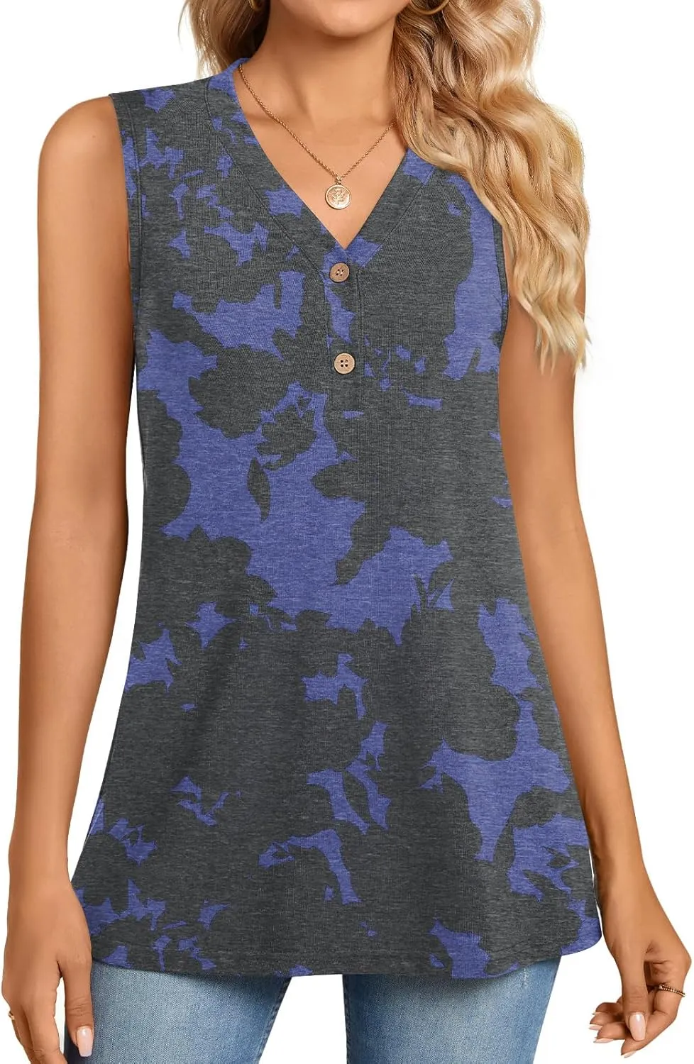 BISHUIGE Womens Henley Tunic Tops Button Up T-Shirts Sleeveless V-Neck Casual Blouses