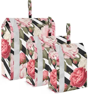 Black White Striped Rose Peony Packing Cubes for Travel 3 Set Compression Travel Bags Luggage Organizer Bags for Easy Packing