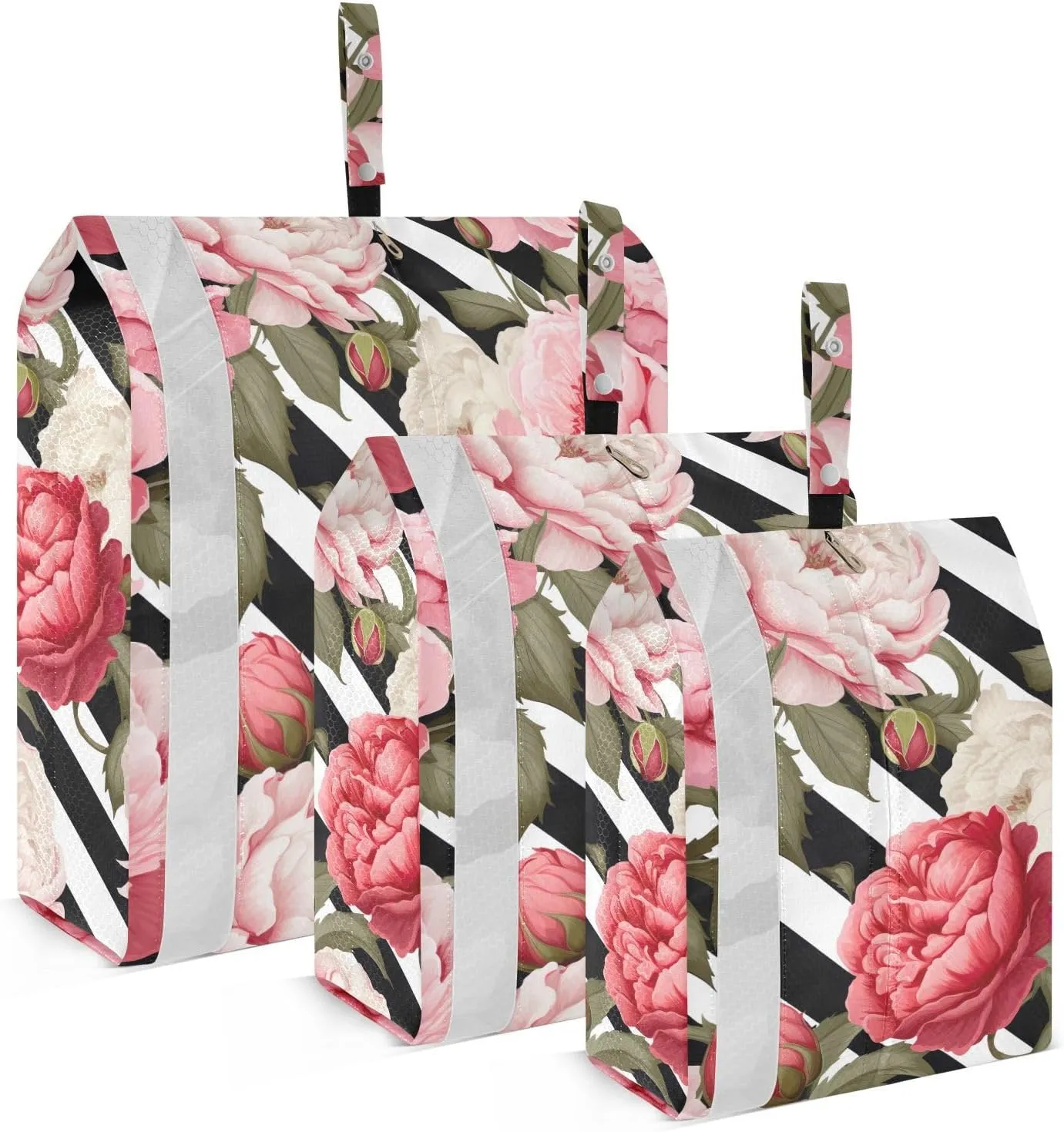 Black White Striped Rose Peony Packing Cubes for Travel 3 Set Compression Travel Bags Luggage Organizer Bags for Easy Packing