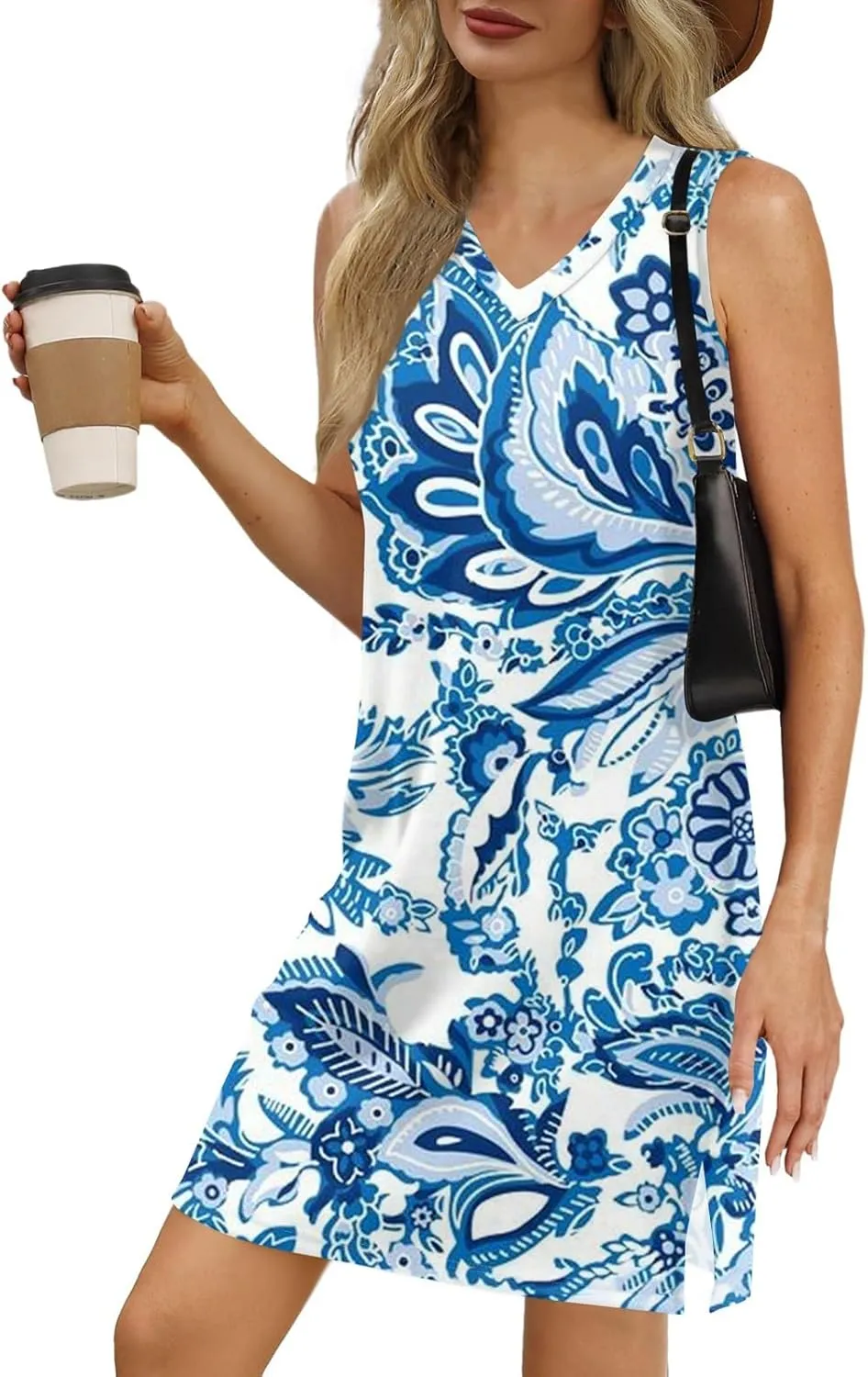 Boho Summer Dresses for Women 2025 V-Neck Beach Dress Vacation Women's Sleeveless Floral Sundress with Split