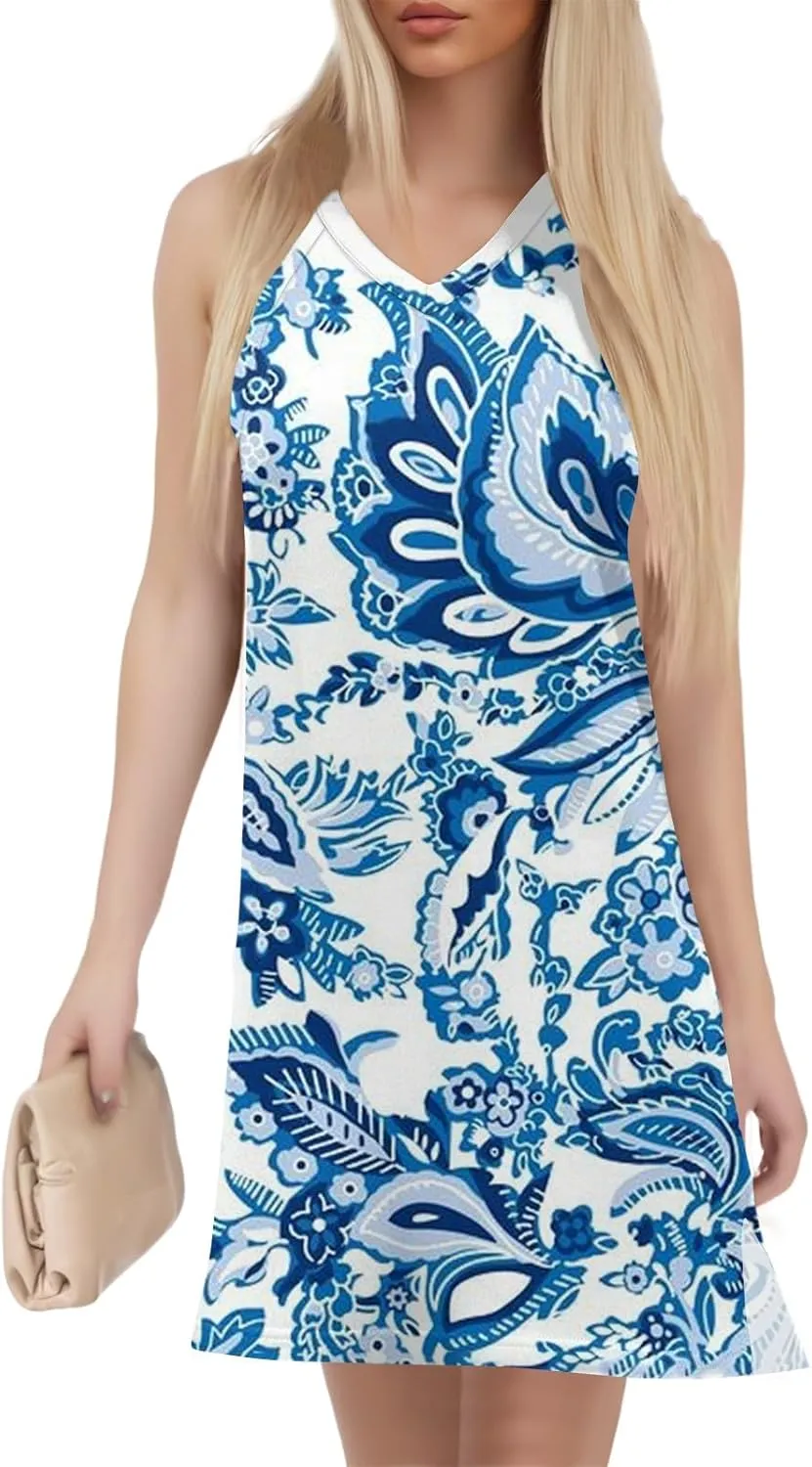 Boho Summer Dresses for Women 2025 V-Neck Beach Dress Vacation Women's Sleeveless Floral Sundress with Split