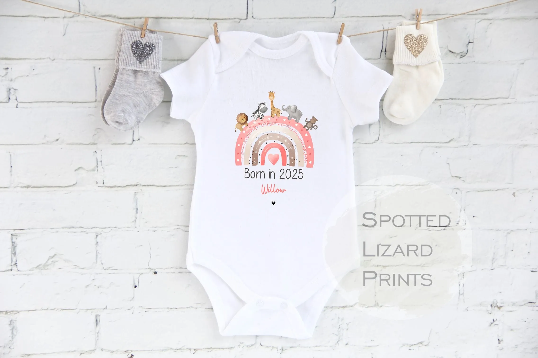 Born in 2025 Baby Vest, Baby Rompersuit- New baby arrival Vest, Rompersuit - Safari Rainbow PINK