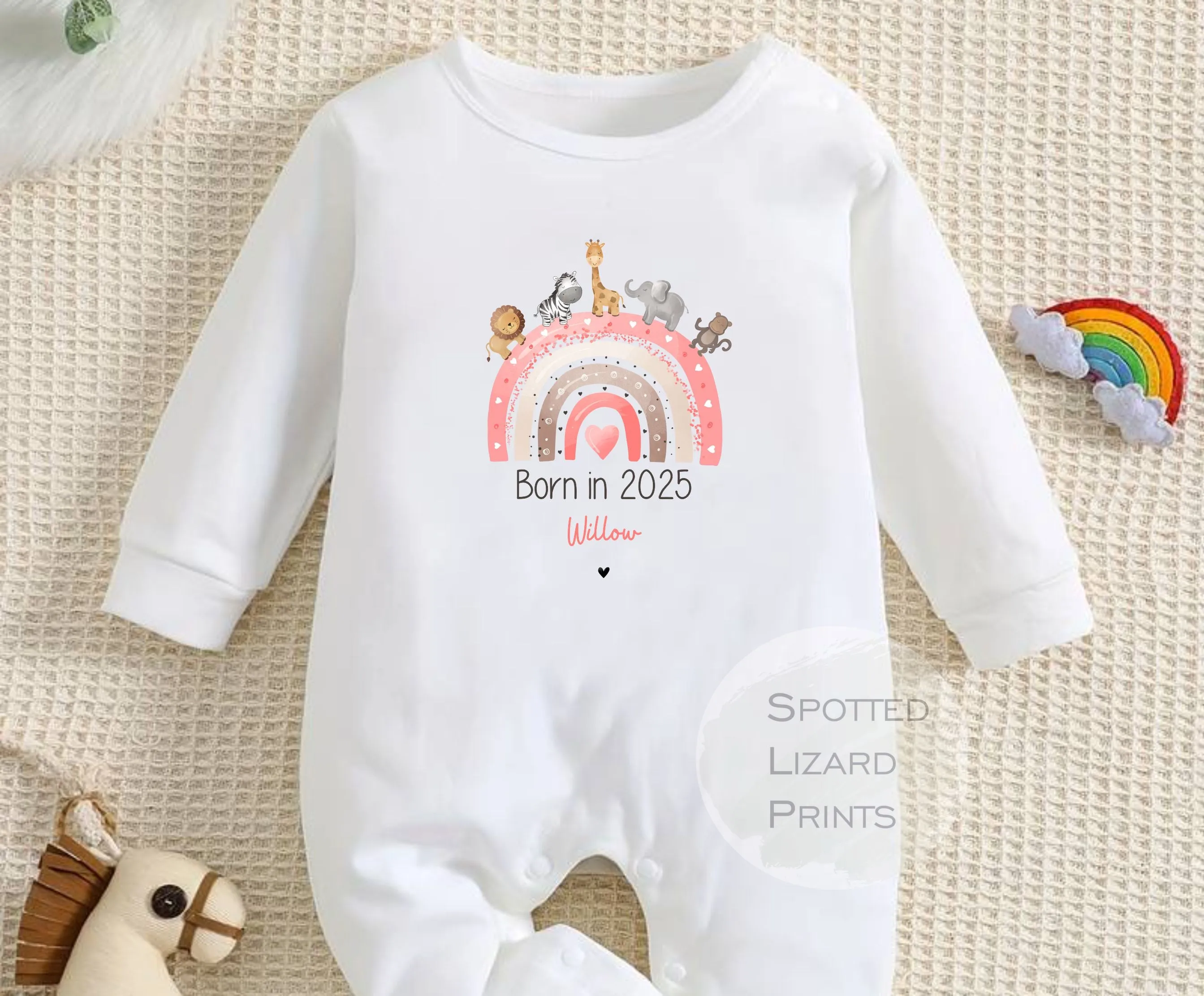 Born in 2025 Baby Vest, Baby Rompersuit- New baby arrival Vest, Rompersuit - Safari Rainbow PINK