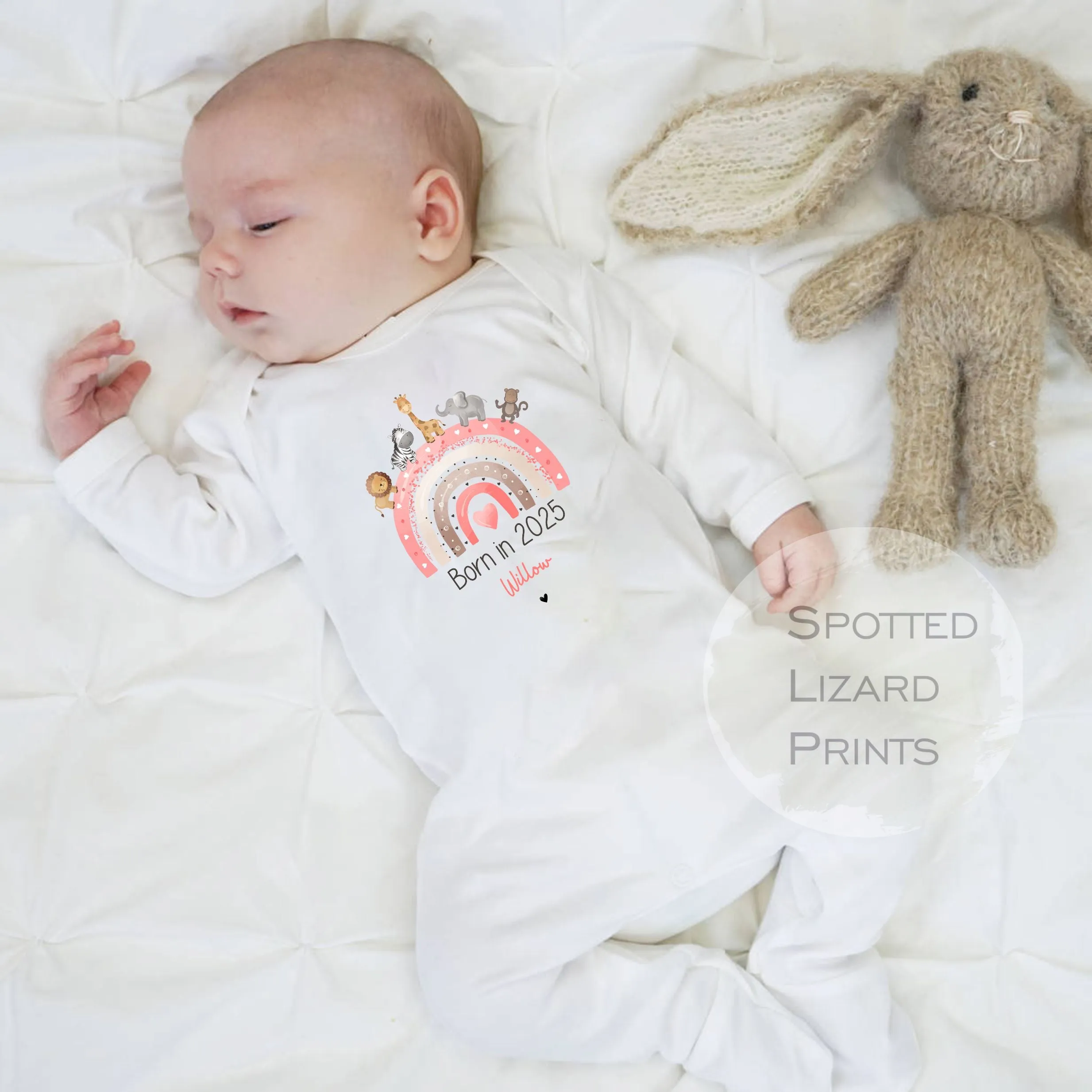 Born in 2025 Baby Vest, Baby Rompersuit- New baby arrival Vest, Rompersuit - Safari Rainbow PINK