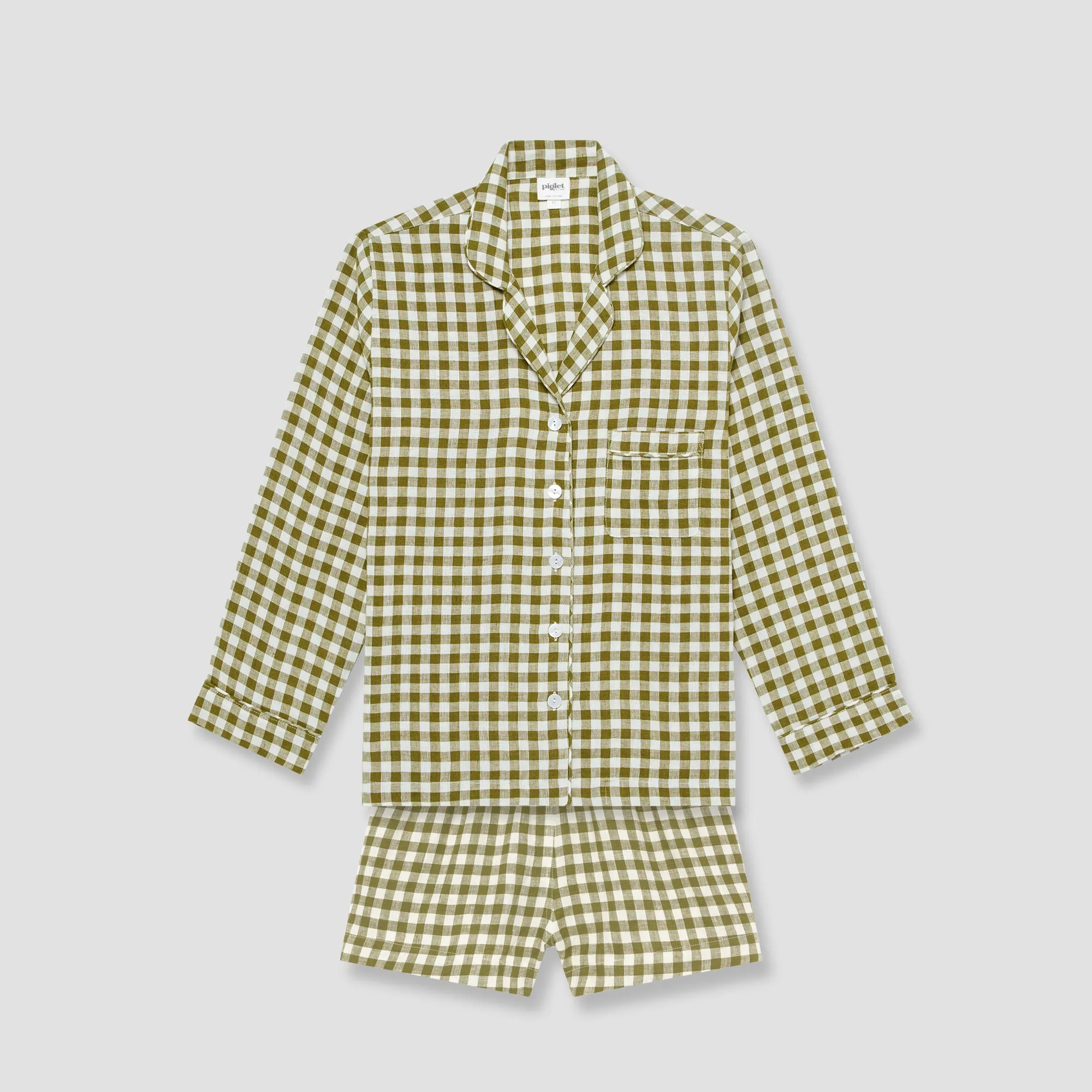 Botanical Green Gingham Linen Pajama Shorts Set