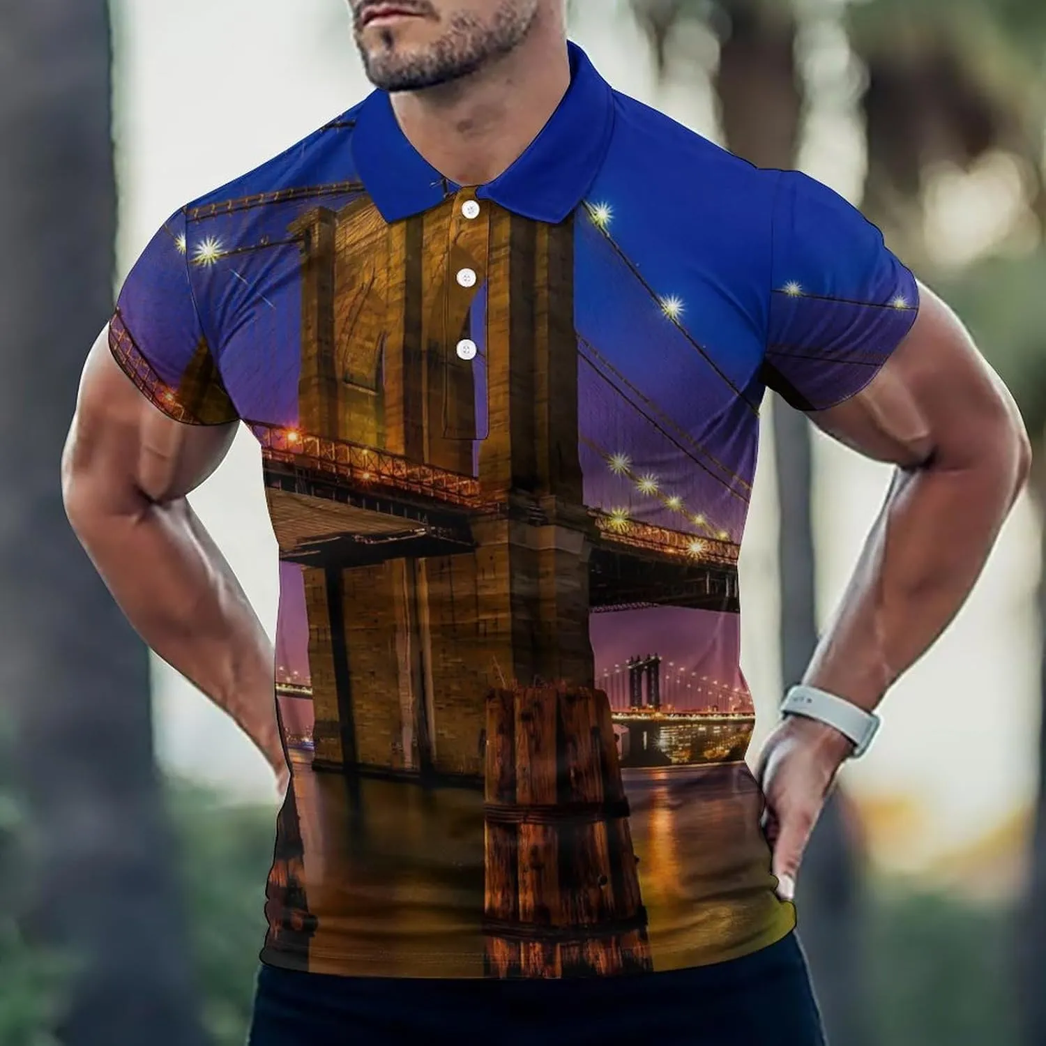 Brooklyn Bridge New York Mens Polo Shirts Quick Dry Short Sleeve T-shirts Slim Tennis Collared Tees Tops