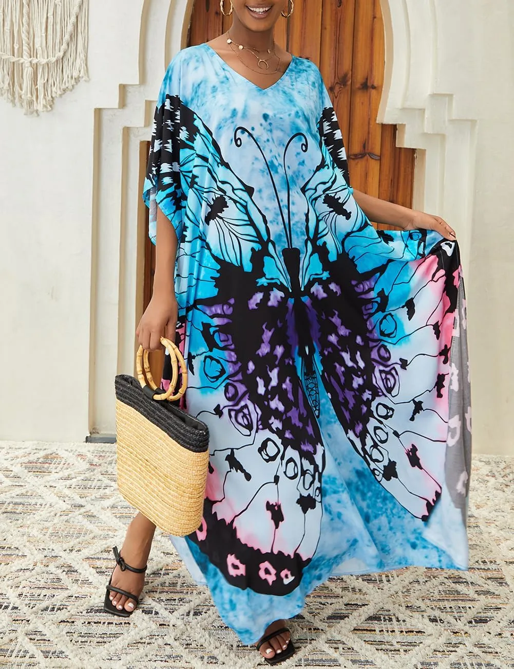 Bsubseach Kaftan Dresses for Women Plus Size Tie Dye Batwing Sleeve Caftans Swimsuit Coverup Maxi Dress Loungewear