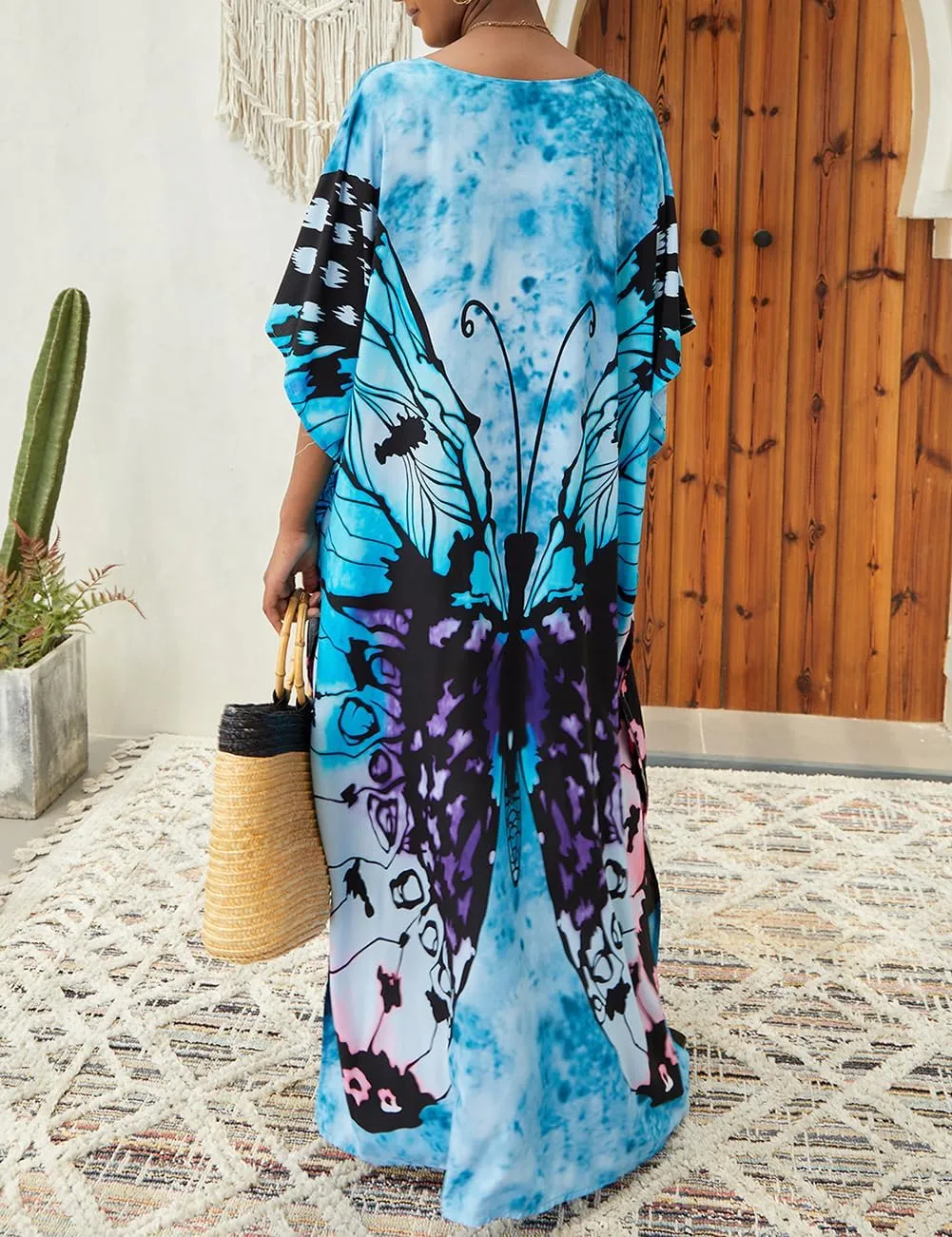 Bsubseach Kaftan Dresses for Women Plus Size Tie Dye Batwing Sleeve Caftans Swimsuit Coverup Maxi Dress Loungewear