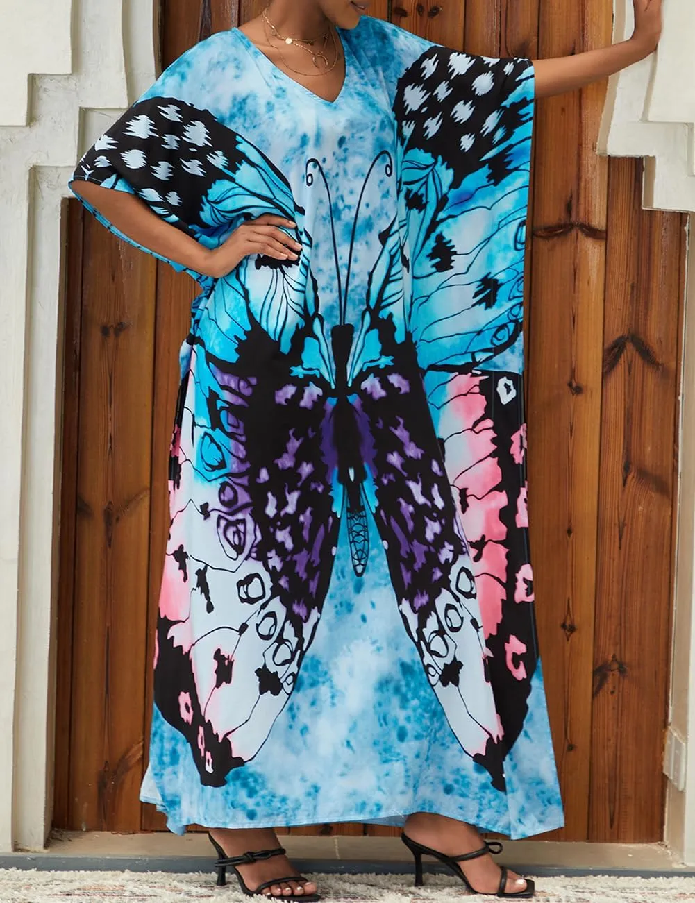 Bsubseach Kaftan Dresses for Women Plus Size Tie Dye Batwing Sleeve Caftans Swimsuit Coverup Maxi Dress Loungewear
