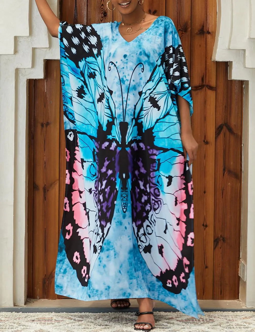 Bsubseach Kaftan Dresses for Women Plus Size Tie Dye Batwing Sleeve Caftans Swimsuit Coverup Maxi Dress Loungewear