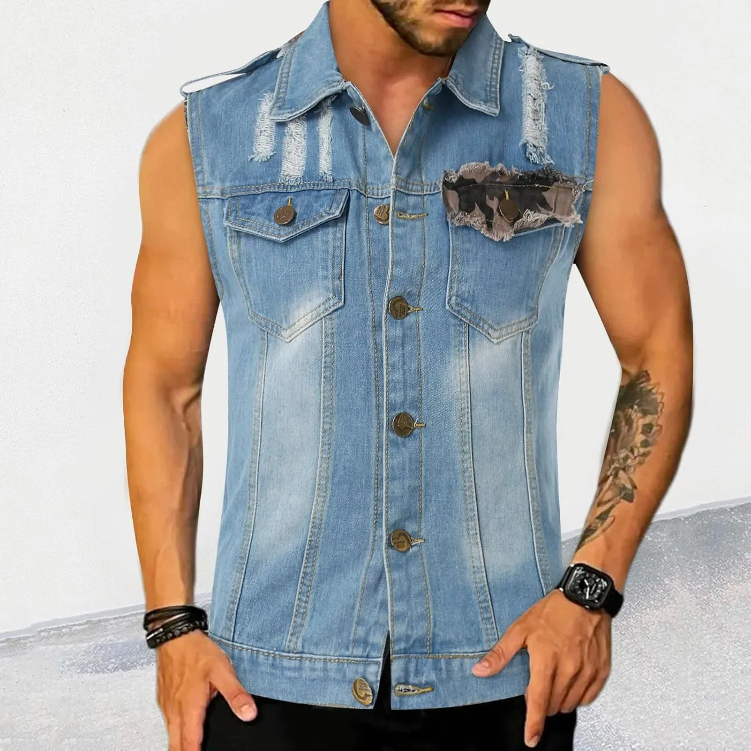 Chaqueta Denim Vest Para Hombre Slim Fit Button Down Sleeveless Shirts for Men Retro Distressed Destroyed Jeans Jacket