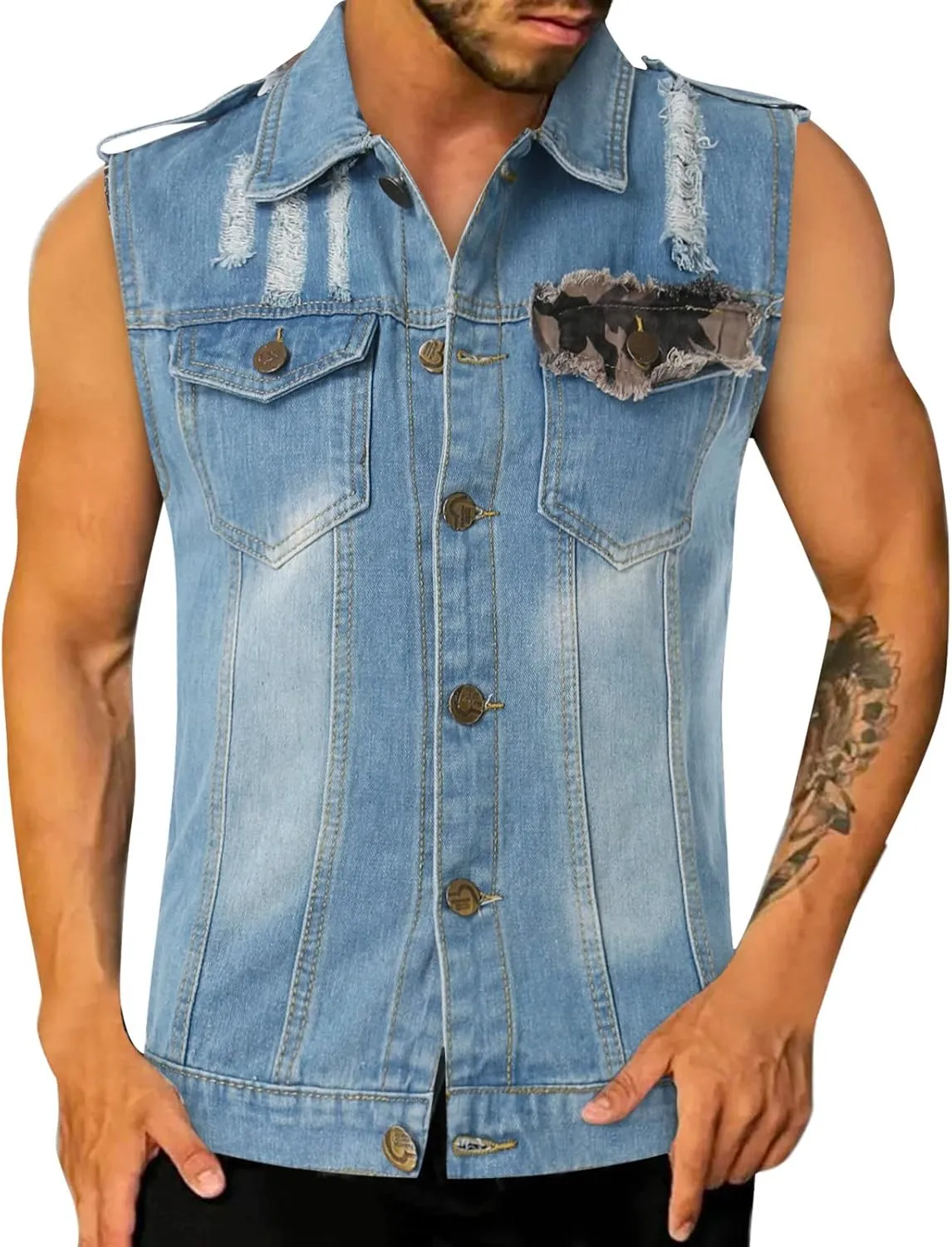 Chaqueta Denim Vest Para Hombre Slim Fit Button Down Sleeveless Shirts for Men Retro Distressed Destroyed Jeans Jacket