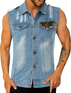 Chaqueta Denim Vest Para Hombre Slim Fit Button Down Sleeveless Shirts for Men Retro Distressed Destroyed Jeans Jacket