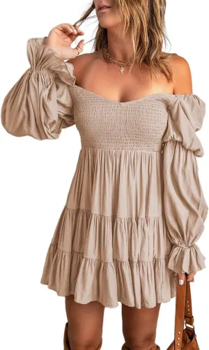 Dokotoo Womens 2025 Spring Summer Dresses Elegant Off The Shoulder V Neck Long Sleeve Ruffle Flowy Mini Short Skater Dresses