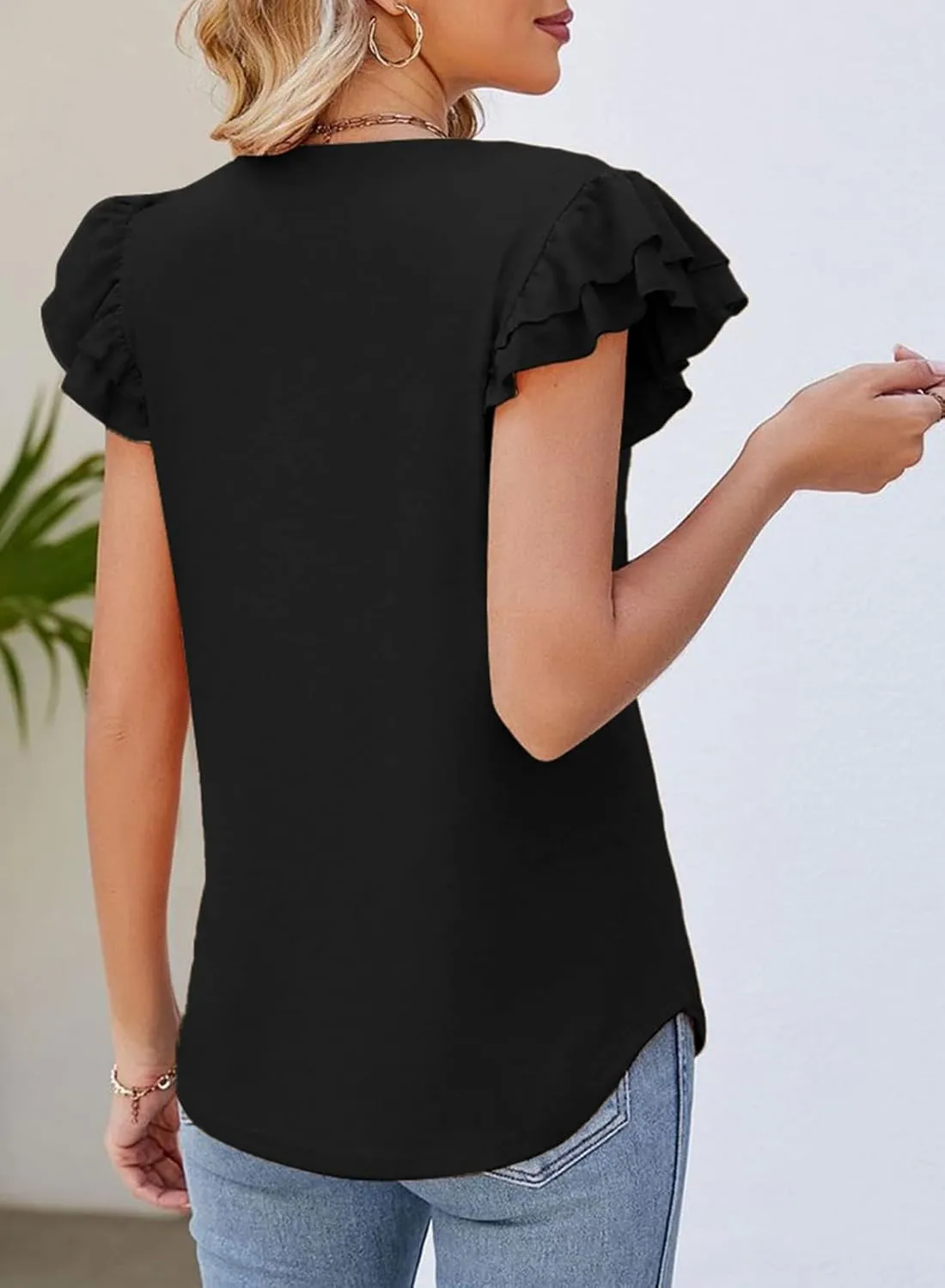 Dokotoo Women's Casual Ruffle Short Sleeve Tops Cute Solid Color Knit Ribbed T Shirts Blouses