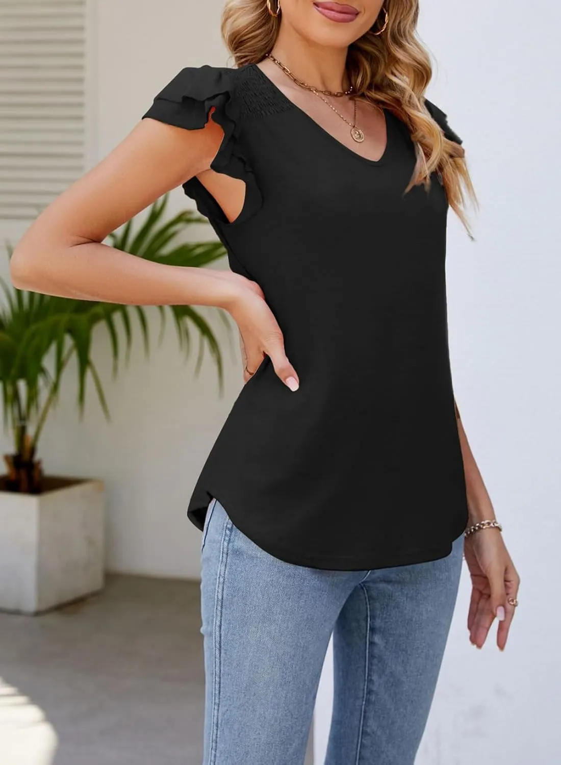 Dokotoo Women's Casual Ruffle Short Sleeve Tops Cute Solid Color Knit Ribbed T Shirts Blouses