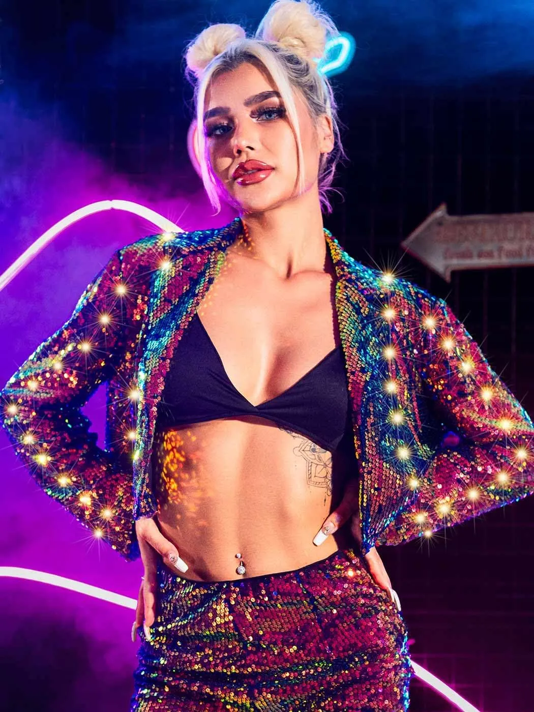 Edary Women's Light Up Sequin Jacket Coat Sparkly Long Sleeve Blazer Night Club Party New Years Glowing Jackets