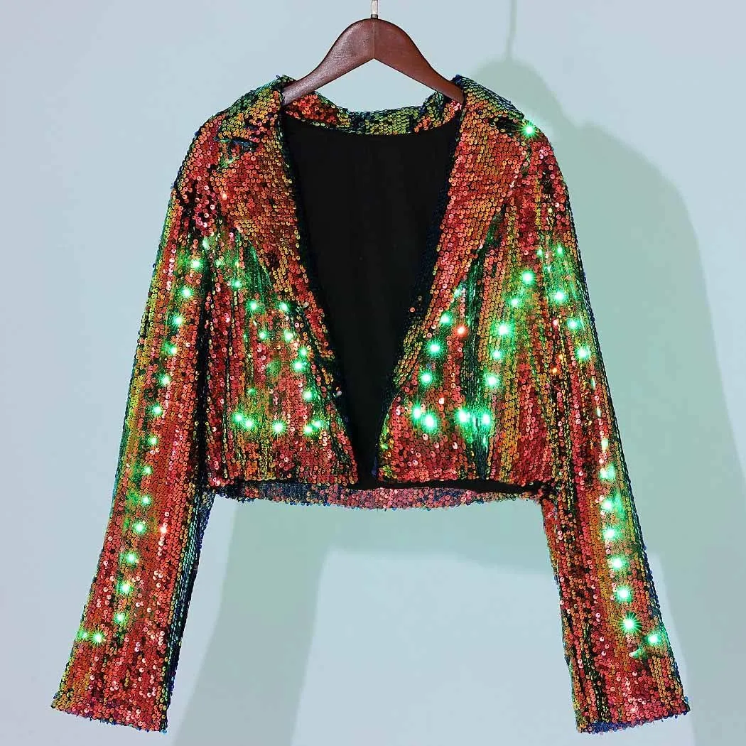 Edary Women's Light Up Sequin Jacket Coat Sparkly Long Sleeve Blazer Night Club Party New Years Glowing Jackets