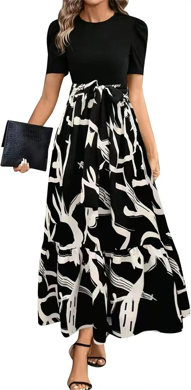 fanmpghleoo Summer Maxi Dresses for Women 2025 Short Sleeve Empire Waist Dress Flowy Beach Vacation Wrap A Line Midi Dresses