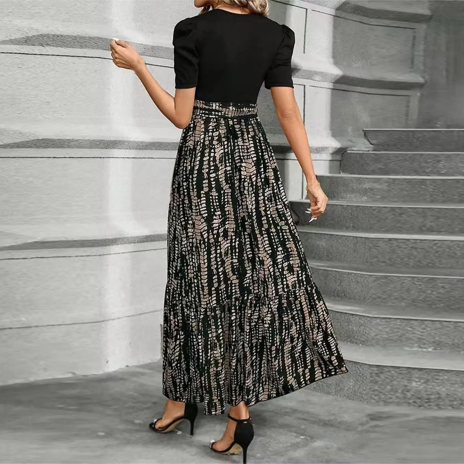 fanmpghleoo Summer Maxi Dresses for Women 2025 Short Sleeve Empire Waist Dress Flowy Beach Vacation Wrap A Line Midi Dresses