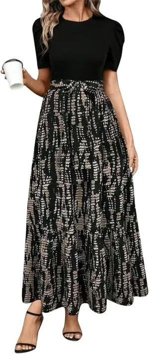 fanmpghleoo Summer Maxi Dresses for Women 2025 Short Sleeve Empire Waist Dress Flowy Beach Vacation Wrap A Line Midi Dresses
