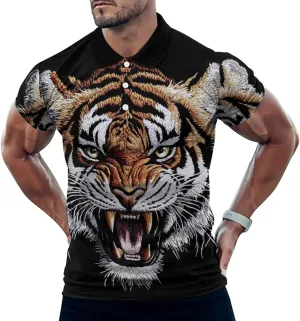 Fierce Tiger Head Mens Polo Shirts Quick Dry Short Sleeve T-shirts Slim Tennis Collared Tees Tops