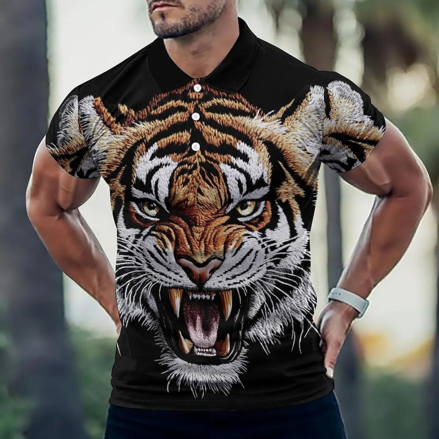 Fierce Tiger Head Mens Polo Shirts Quick Dry Short Sleeve T-shirts Slim Tennis Collared Tees Tops