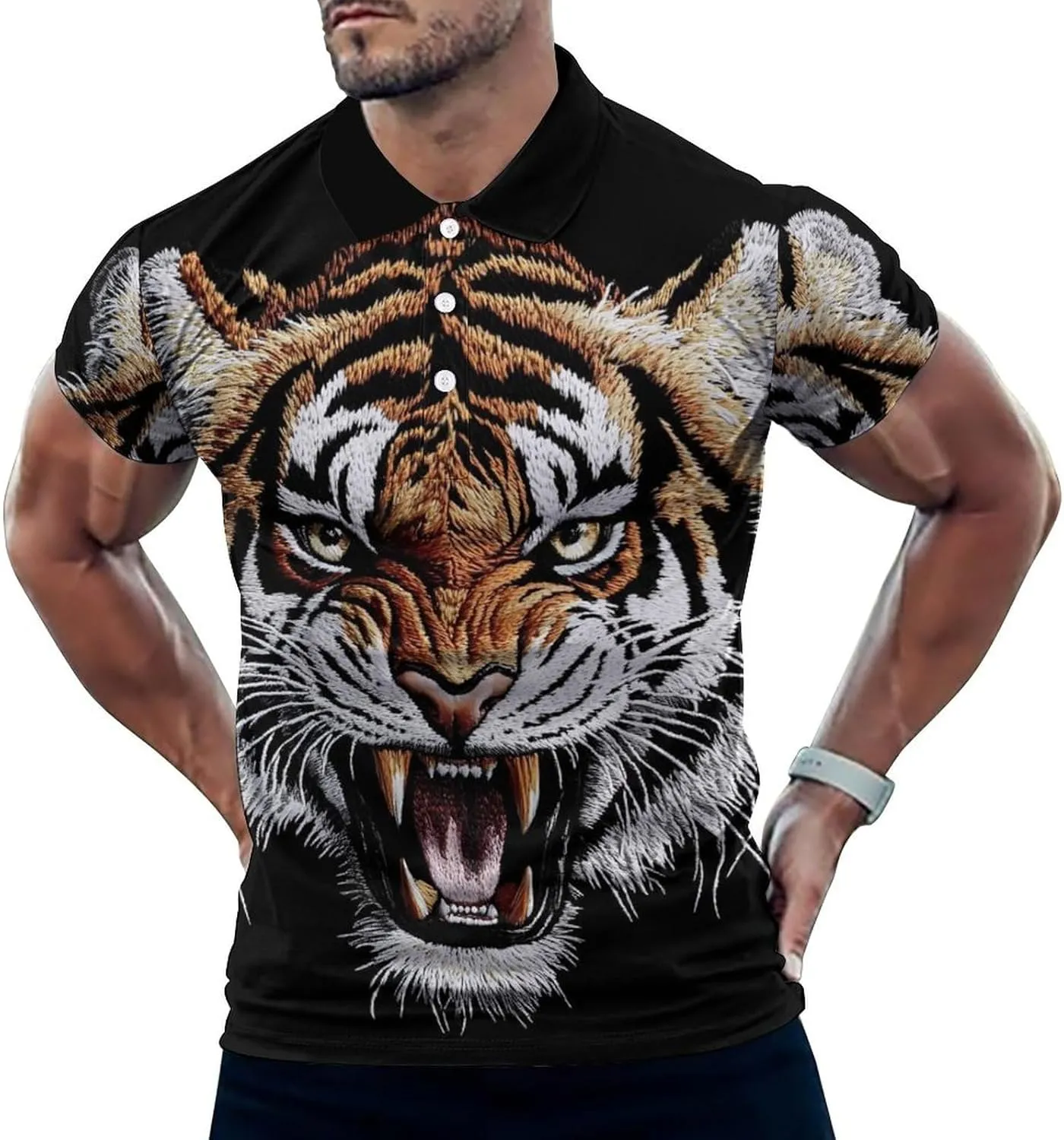 Fierce Tiger Head Mens Polo Shirts Quick Dry Short Sleeve T-shirts Slim Tennis Collared Tees Tops
