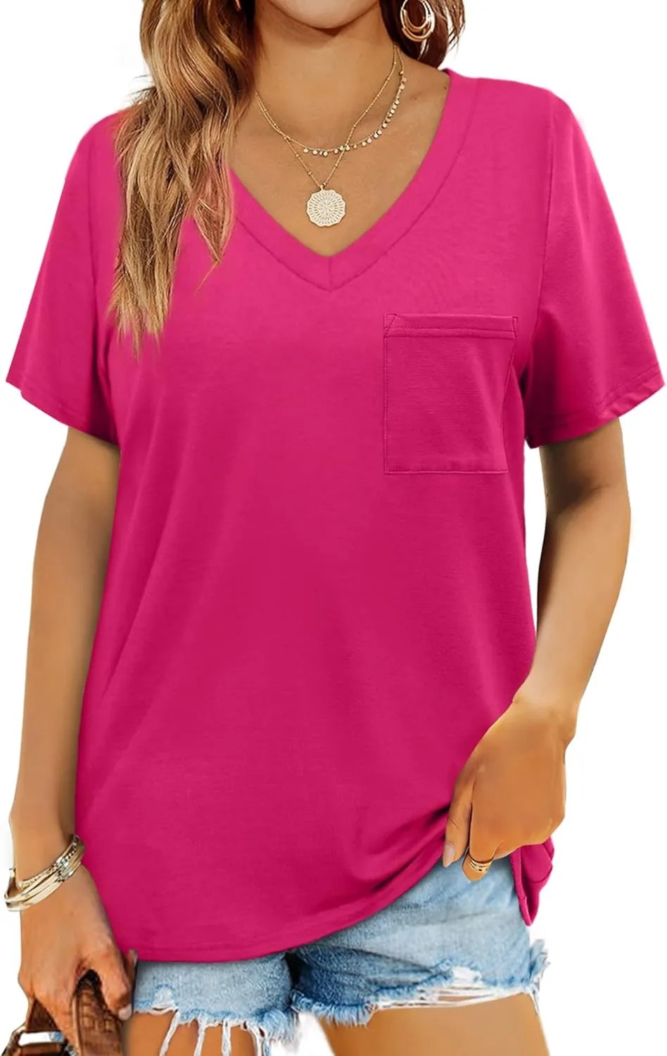 Geifa Womens T Shirts Short Sleeve V Neck Casual Summer Tops Tshirts with Pocket