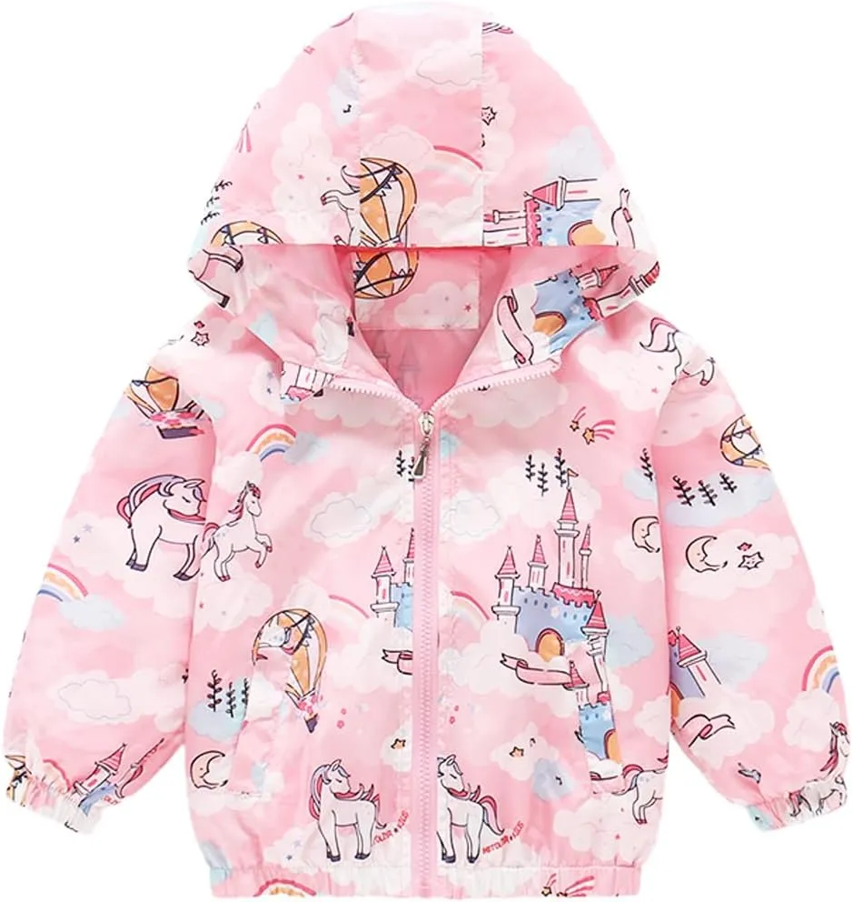Girls Cartoon Unicorn Jackets Spring Zip Kids Hooded Flamingo Windbreaker for Toddler Pink Light Outwear