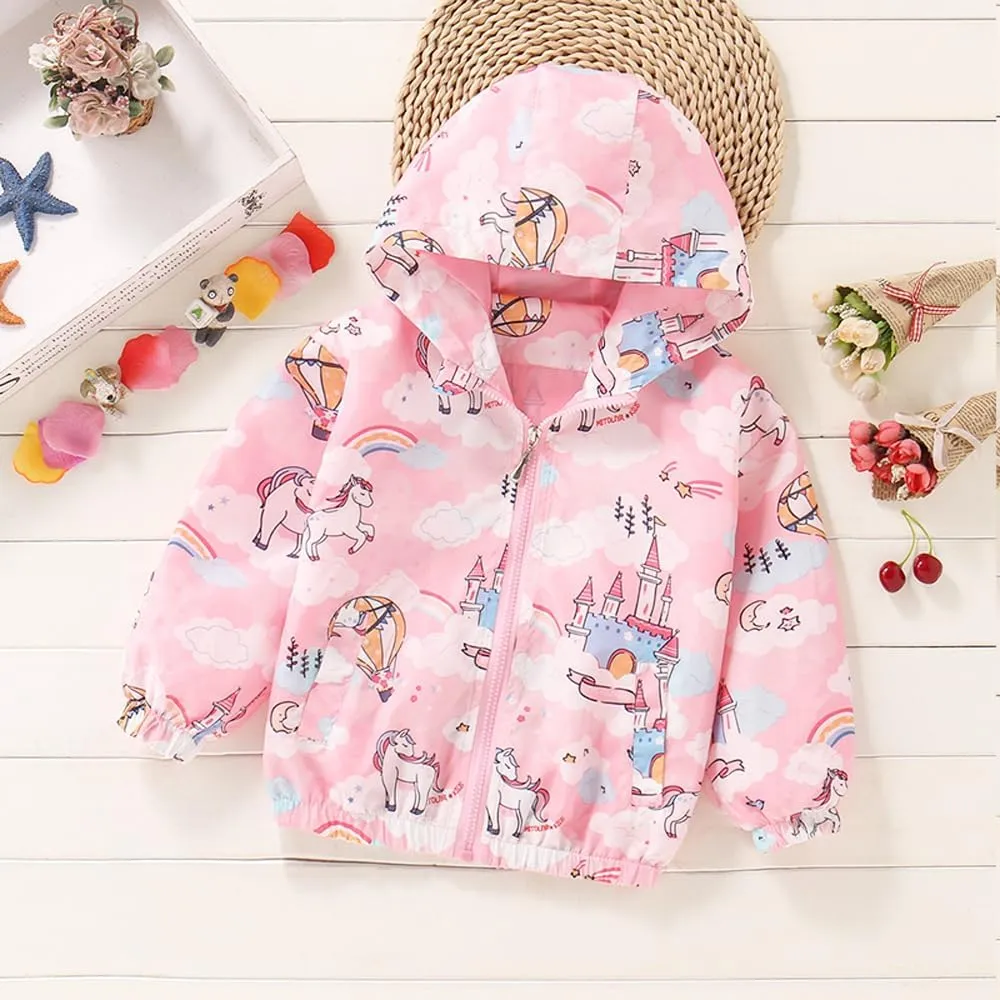 Girls Cartoon Unicorn Jackets Spring Zip Kids Hooded Flamingo Windbreaker for Toddler Pink Light Outwear