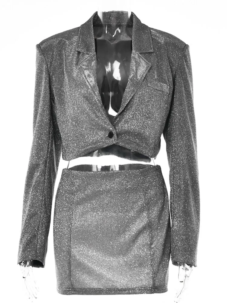 Glitter Skirt Sets Women Blazer Suits Double Layer Elegant Two Piece Sets
