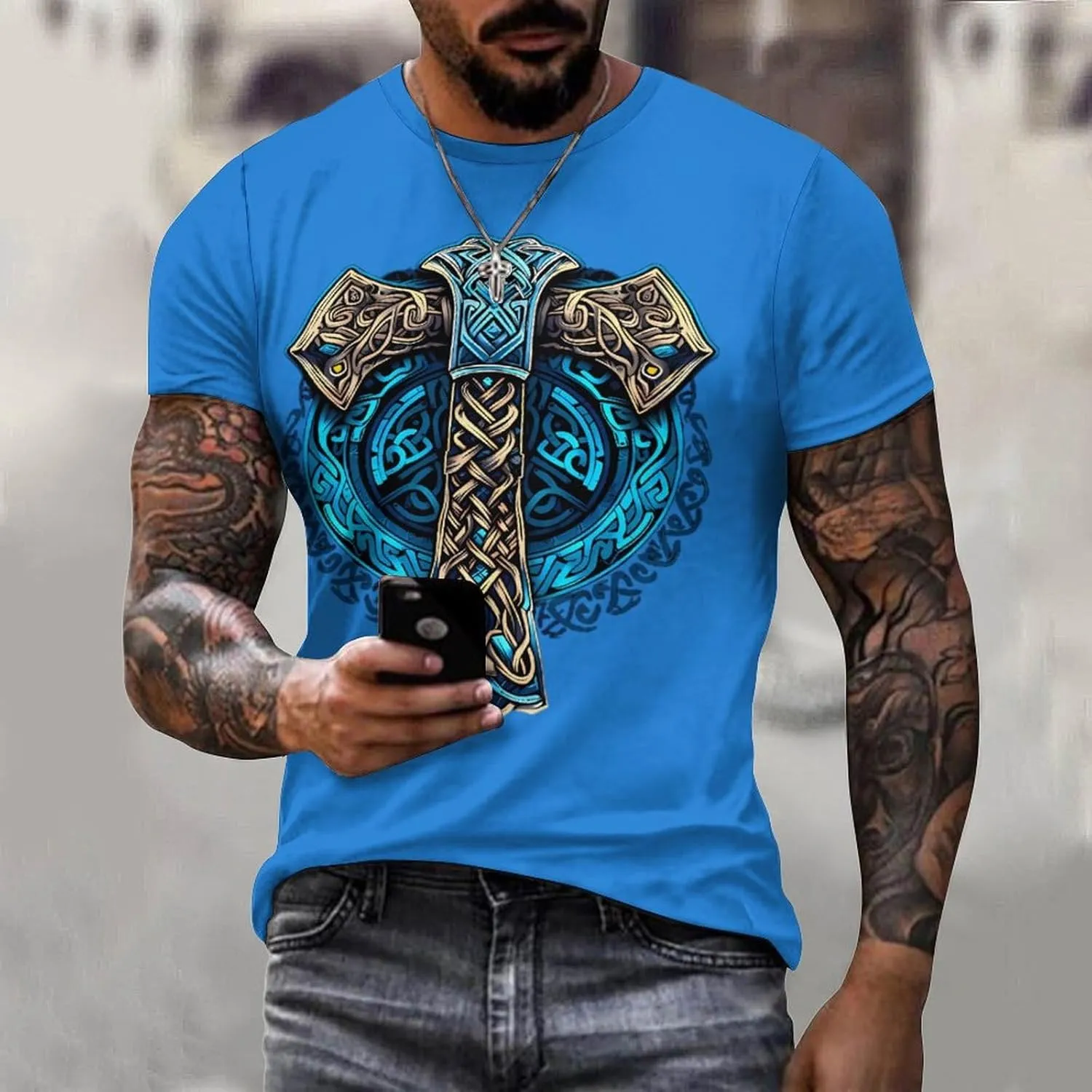 HOTYD Mens T-Shirts Jesus Cross Faith Vintage Oil Painting Casual T-Shirts Summer Short Sleeve Crew Neck Christian Tops