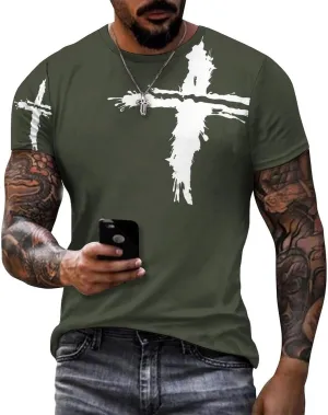 HOTYD Mens T-Shirts Jesus Cross Faith Vintage Oil Painting Casual T-Shirts Summer Short Sleeve Crew Neck Christian Tops